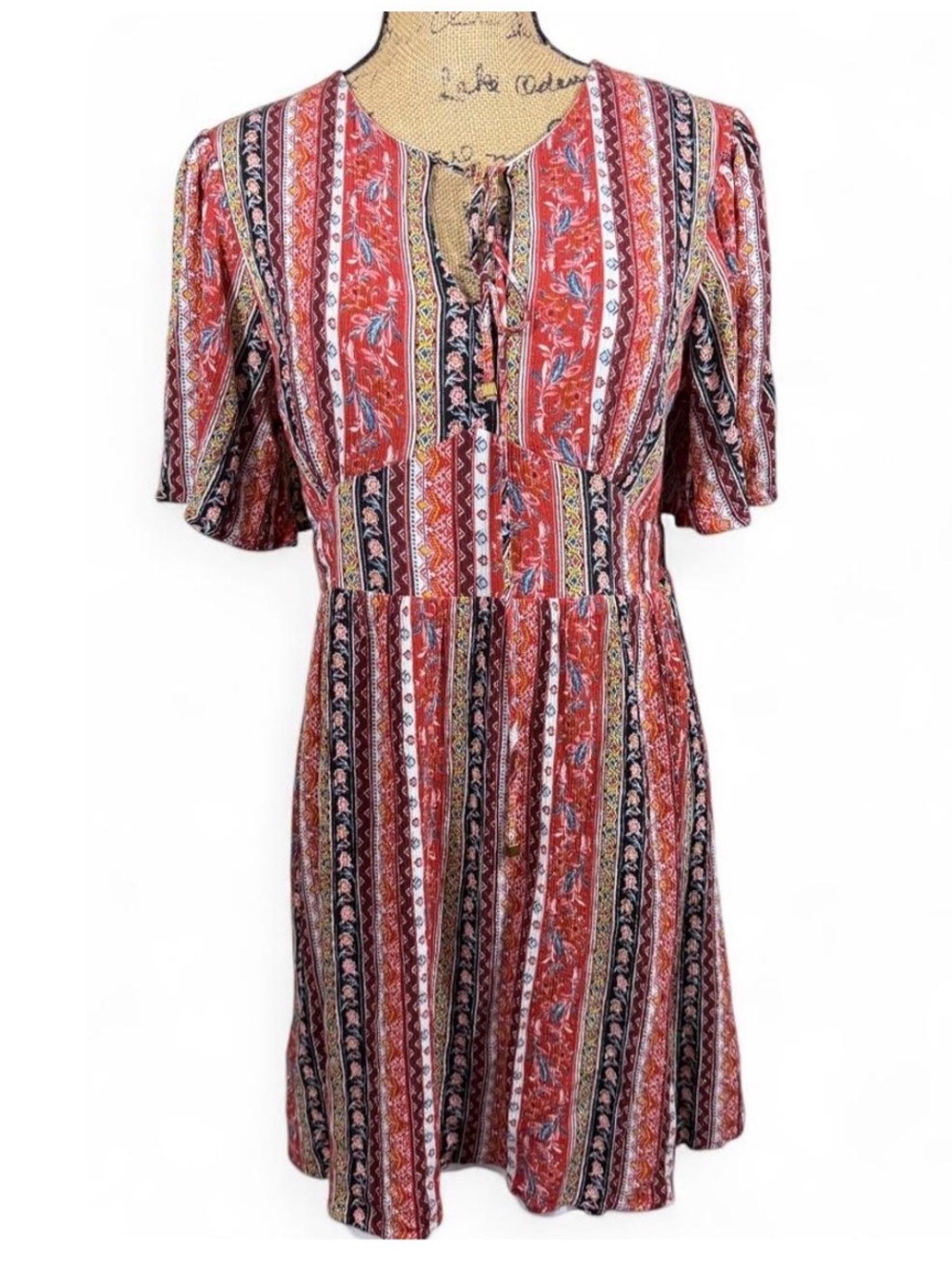 Blue Rain Boho Floral Print Tie Neck Mini Dress Size L
